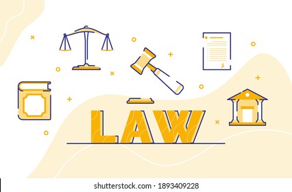 law typography word art background of icon book scale gavel court with outline style