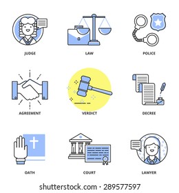 Law Vector Icons Set: Judge, Justice, Police, Agreement, Verdict, Decree, Oath, Court, Lawyer. Modern Line Style