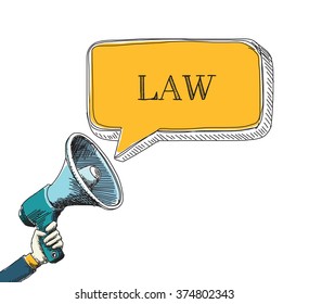 LAW word in speech bubble with sketch drawing style