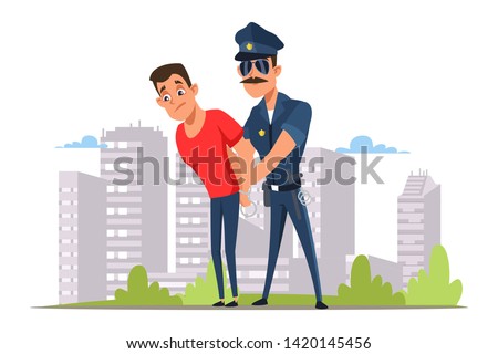Lawbreaker arrest flat vector illustration. Policeman in sunglasses and criminal in handcuffs cartoon characters. Crime punishment, law enforcement. Police officer caught outlaw. Cop occupation