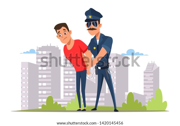 法律を破る人は 平らなベクターイラストを逮捕 します サングラスをかけた警官と手錠の漫画のキャラクターを着た犯罪者 犯罪の処罰 警察 警察官がアウトローを捕まえた 警察職 のベクター画像素材 ロイヤリティフリー