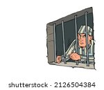 The lawbreaker is in jail. a prisoner in a striped uniform, a dangerous criminal. Escape attempt. pop art Retro vector Illustration 50s 60s kitsch Vintage style