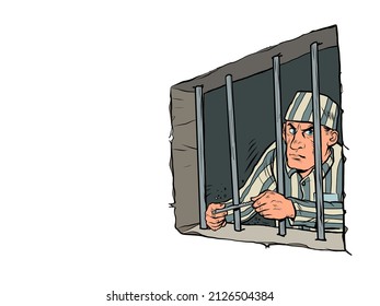 The lawbreaker is in jail. a prisoner in a striped uniform, a dangerous criminal. Escape attempt. pop art Retro vector Illustration 50s 60s kitsch Vintage style