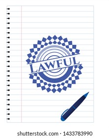 Lawful emblem with pen effect. Blue ink. Vector Illustration. Detailed.