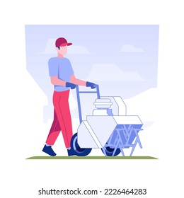 Ilustración de vectores por concepto aislado de aireación de césped. Hombre con aeróbador de césped, ventilación de césped, mantenimiento de jardines, obras exteriores, cuidado de prados, concepto de vectores de la industria paisajista.