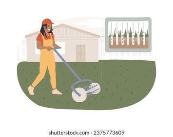 Lawn aeration isolated concept vector illustration. Restore lawn, overseeding service, absorb air and water, grass fertilization, aeration machine, garden maintenance, landscape vector concept.