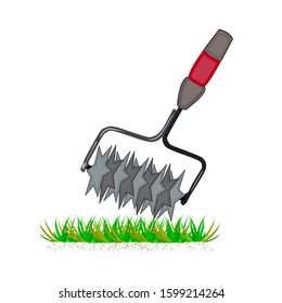 Lawn Aeration Tool Isolated On White Background. Color Cartoon Lawn Aeration Machine Icon. Lawn Grass Care Clipart Service, Gardening And Landscape Design. Simple Flat Symbol. Vector Illustration.
