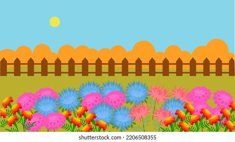 Lawn with autumn flowers and trees, illustration