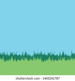 Lawn background. Grass blades and blue sky. Square vector illustration.