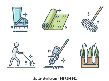 Lawn Care And Aeration - Filled Outline Color Icon Set, Lawn Grass Service, Gardening And Landscape Equipment, Isolated Simple Sings With Tools And Characters On White Background, Vector For Web, App