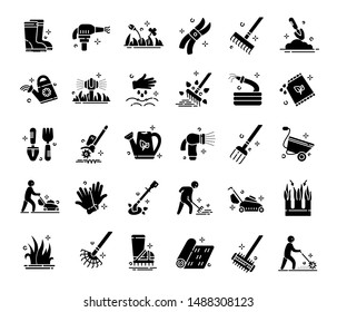 Lawn Care And Aeration - Glyph Icon Set, Lawn Grass Service, Gardening And Landscape Equipment, Isolated Black Silhouette Sings With Tools And Characters On White, Vector For Web, App