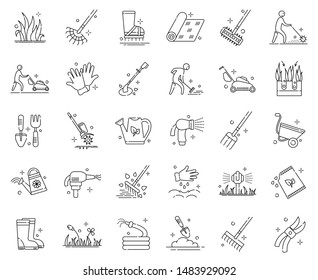 Lawn care and aeration - outline icon set, lawn grass service, gardening and landscape design, isolated simple sings with tools and characters on white background, vector for web, app