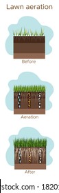 Lawn care - aeration and scarification. Labels by stage-before, during, and after. Intake of substances-water, oxygen, and nutrients to feed the grass and soil. Vector flat illustration - vertical.