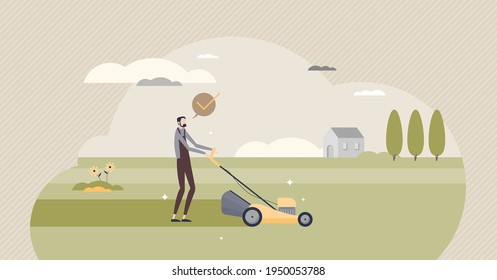 Lawn care and cut green grass with lawnmower ir garden tiny person concept. Summer daily work for fresh landscape and clean yard vector illustration. Professional field property trimming service scene