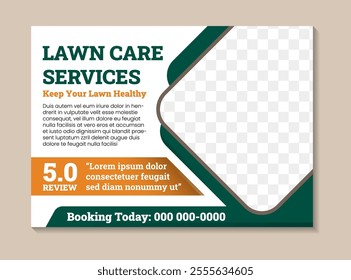 Lawn care garden or Landscaping Service Postcard Template. cleaning and grass cutting banner in horizontal layout, keep your lawn healthy with space for photo. green and orange on white background.