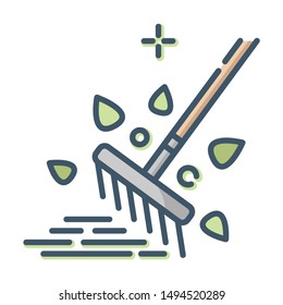 Lawn care and garden working - color filled outline icon, lawn grass service, gardening and landscaping, isolated simple sing with rake tool and leaves on white background, vector for web, app