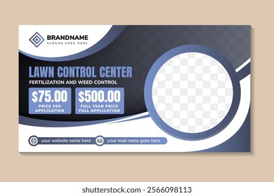 lawn care and gardening, lawn control center design template, Or lawn mower vector on horizontal layout. place for photo collage. purple and black color on element isolated on white background. 