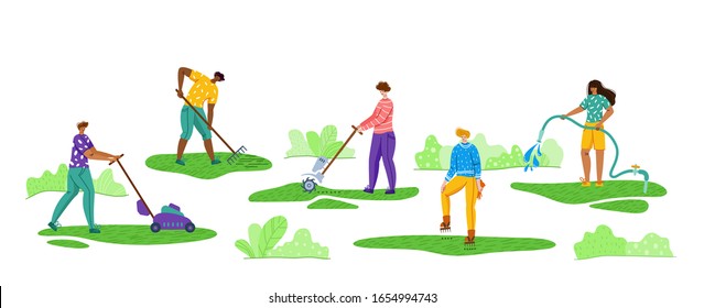 Lawn care and gardening - people mow water aerate grass in backyard or park outdoor, lawn service and landscape equipment, composition for banner poster web site design, vector cartoon characters