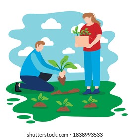 Lawn care and gardening - people plant plants in the backyard or in an open Park, composition for website design poster banner, Vector illustration, bright colors.