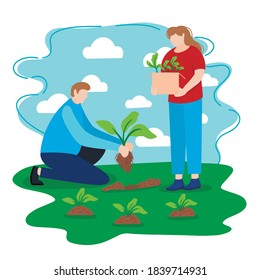 Lawn Care And Gardening - People Plant Plants In The Backyard Or In An Outdoor Park, Composition For Website Design Poster Banner, Vector Cartoon Characters