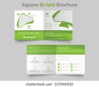 lawn care and gardening service green color square  bi-fold brochure template