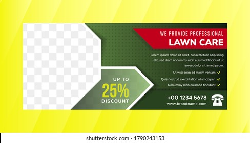 lawn care and gardening service green color square brochure template design with horizontal layout. transparency dot pattern. space for photo collage with white border. 