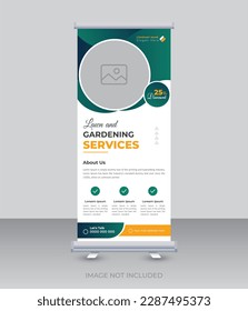 Lawn care gardening service roll-up banner design or leaflet cover poster flyer template