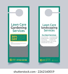 lawn care and gardening, lawn trimming, door hanger design template, Or lawn mower and landscaping door hanger template vector layout