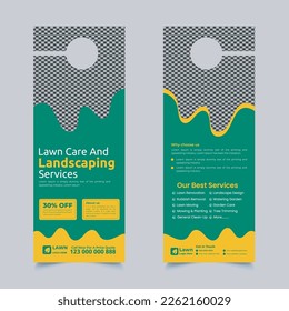 lawn care and gardening, lawn trimming, door hanger design template, Or lawn mower and landscaping door hanger template vector layout