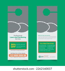 lawn care and gardening, lawn trimming, door hanger design template, Or lawn mower and landscaping door hanger template vector layout