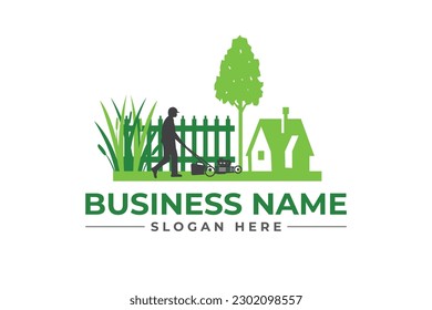 lawn care with home and lawn mawer, grass trimming, landscape, grass, agriculture concept logo design