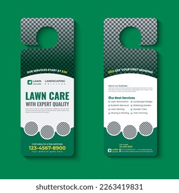 lawn care and landscaping, lawn trimming, door hanger template, Or lawn mower and Lawn Maintenance door hanger template vector layout