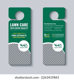 lawn care and landscaping, lawn trimming, door hanger template, Or lawn mower and Lawn Maintenance door hanger template vector layout