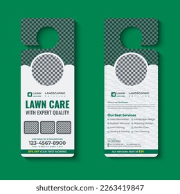 lawn care and landscaping, lawn trimming, door hanger template, Or lawn mower and Lawn Maintenance door hanger template vector layout