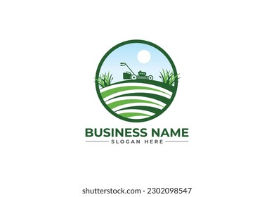 lawn care logo with circle , grass trimming, landscape, grass, agriculture concept logo design