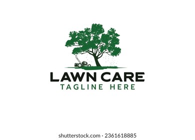 lawn care logo with a combination of grassland, lawn mower and tree.