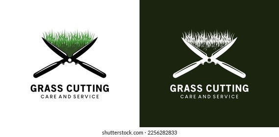 Lawn care logo design with creative grass clippers silhouette concept