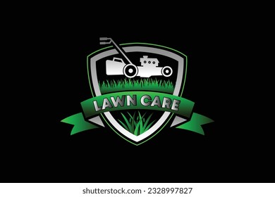  lawn care logo with grass cutting machine, grass trimming, landscape, grass, agriculture concept logo design