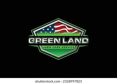  lawn care logo with USA flag, grass trimming, landscape, grass, agriculture concept logo design