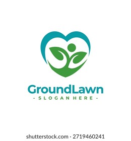 Vetor do logotipo do cuidado da grama. Conceito de ambiente, grama, paisagem e gramado projeto de modelo de logotipo de manutenção.