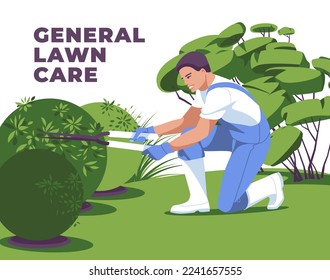 The lawn care man cuts the bushes. Concept on seasonal work on gardening. Flat vector illustration