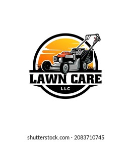 Lawn Care, Lawn Mower, Garden Maintenance Equipment Illustration Logo Vector