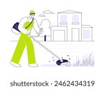 Lawn care service abstract concept vector illustration. Man in protective mask mows the grass, private house maintenance service, kill a mold, remediation in landscaping abstract metaphor.