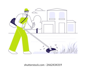 Lawn care service abstract concept vector illustration. Man in protective mask mows the grass, private house maintenance service, kill a mold, remediation in landscaping abstract metaphor.