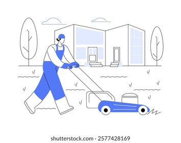 Lawn care service isolated cartoon vector illustrations. Professional gardener mows grass in the backyard, household maintenance service, pest and disease management vector cartoon.