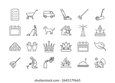 Lawn Care Service Line Icon Set . High-Quality Illustrations of Gardening, Landscaping, Lawn Mowing, Tools, Plants, Watering, and More for Lawn Care Services and Gardening Business.