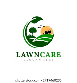 Vetor do logotipo do serviço de cuidados com a grama. Conceito de paisagismo, jardinagem e projeto de modelo de logotipo de manutenção do gramado.
