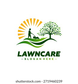 Vetor do logotipo do serviço de cuidados com a grama. Conceito de paisagismo, jardinagem e projeto de modelo de logotipo de manutenção do gramado.