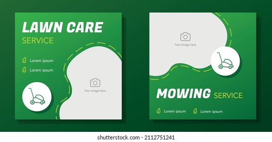 Lawn Care Service Social Media Post Banner Set, Grass Mowing Advertisement Concept, Green Marketing Square Ad, Backyard Maintenance Abstract Flyer, Leaflet, Isolated.