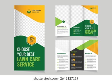  Lawn Care Trifold Brochure Template, Gardening or Landscaper Tri Fold Brochure Design, Lawn Mower Garden or Landscaping Agricultural service Design